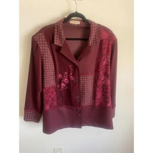 Notations Woman Burgundy Mixed Media Patchwork Floral Embroidered Blouse Top 2X
